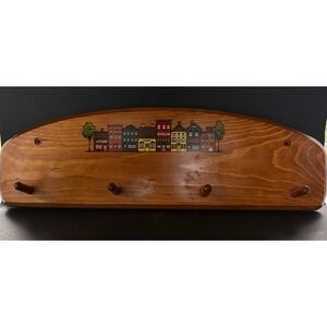 Vintage Wood Wall Rack 4 Shaker Pegs Hand Painted Village Scene Arched 20 Inch